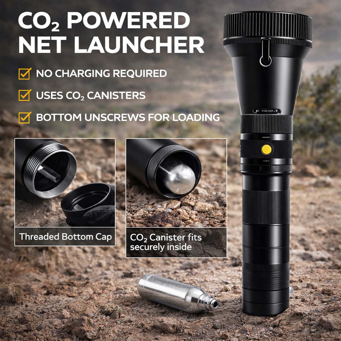 Net Gun Air-Powered with 4 Pre-Loaded Nets, Metal Carrying Case, Compatible with CO2 Cartridges*10 – Versatile Capture Tool for Wildlife and Security Use