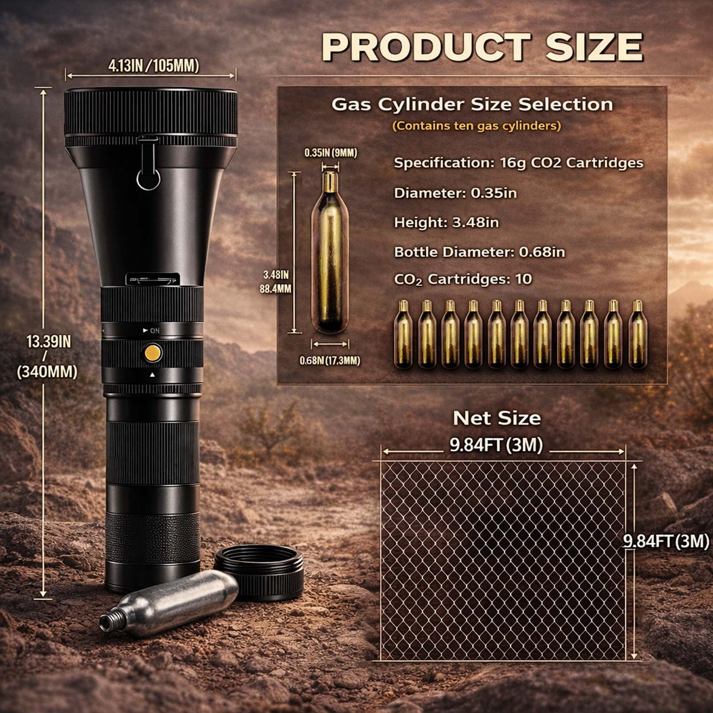 Net Gun Air-Powered with 4 Pre-Loaded Nets, Metal Carrying Case, Compatible with CO2 Cartridges*10 – Versatile Capture Tool for Wildlife and Security Use